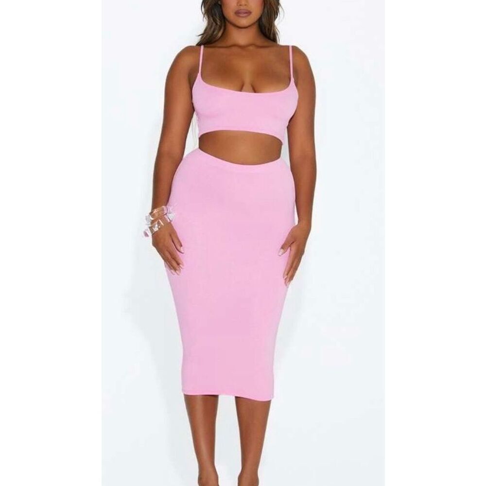 Naked Wardrobe Pink Bodycon Midi Skirt XL Curve-Hugging Stretch Minimalist Chic